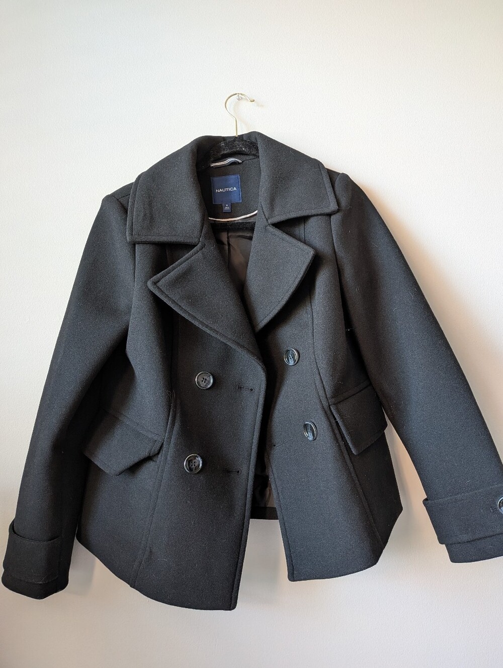 New Nautica Women's Black Double-Breasted Pea Coat with Notched Lapels NWOT